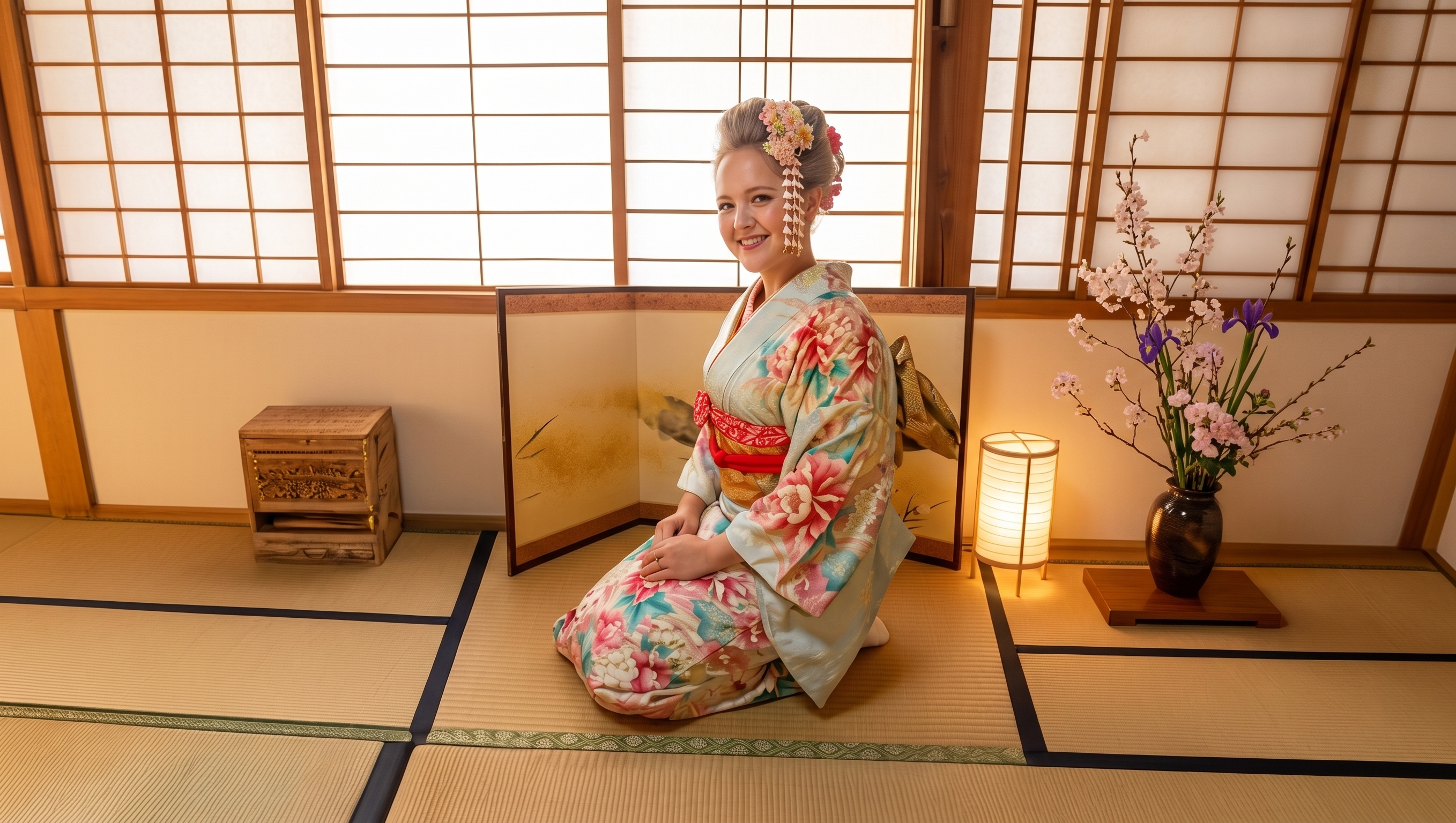 Elegant woman in a traditional kimono in a beautiful Japanese house