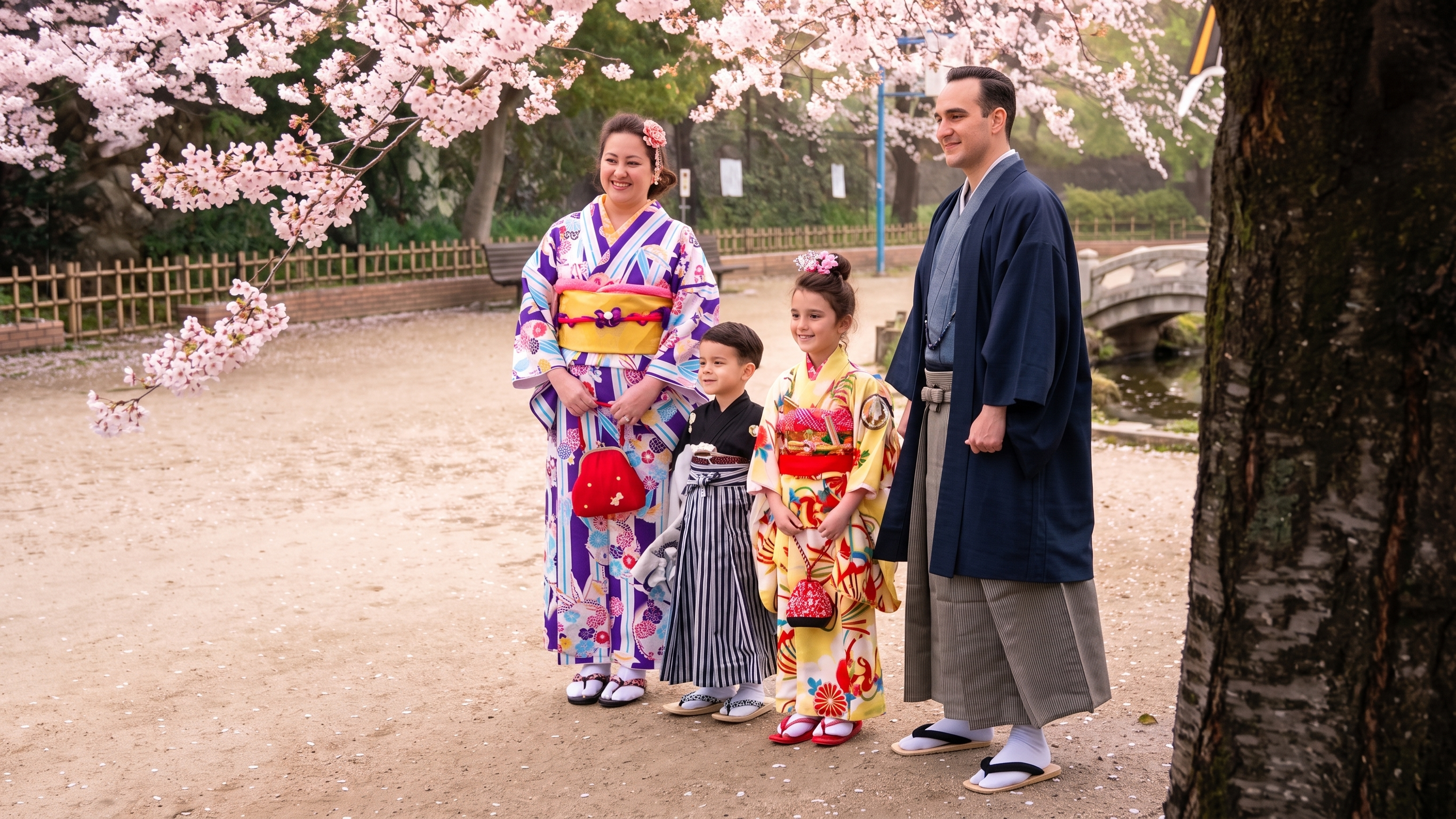 A family in coordinated kimonos in a cherry blossom park