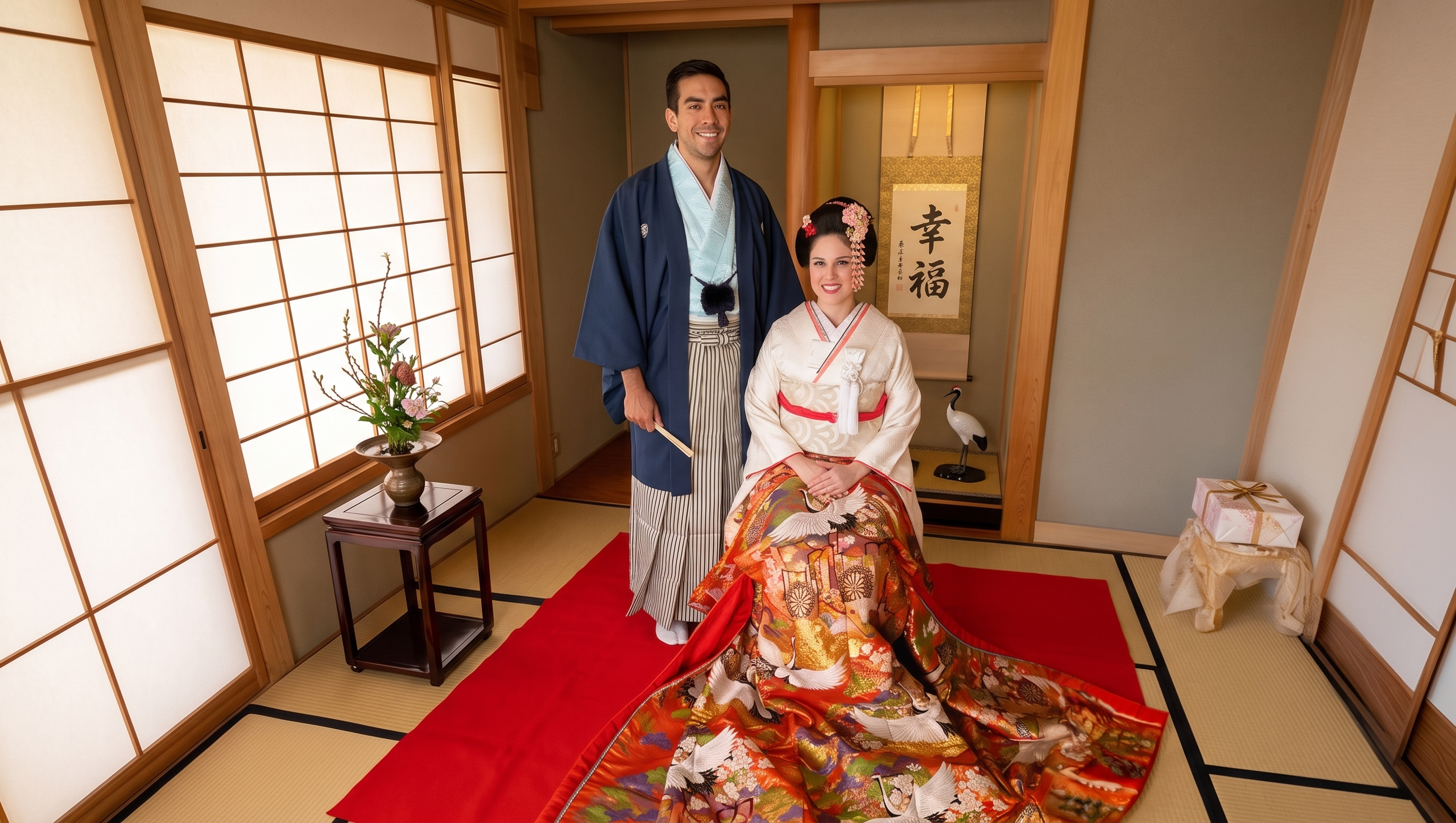 Two smiling women in vibrant kimonos