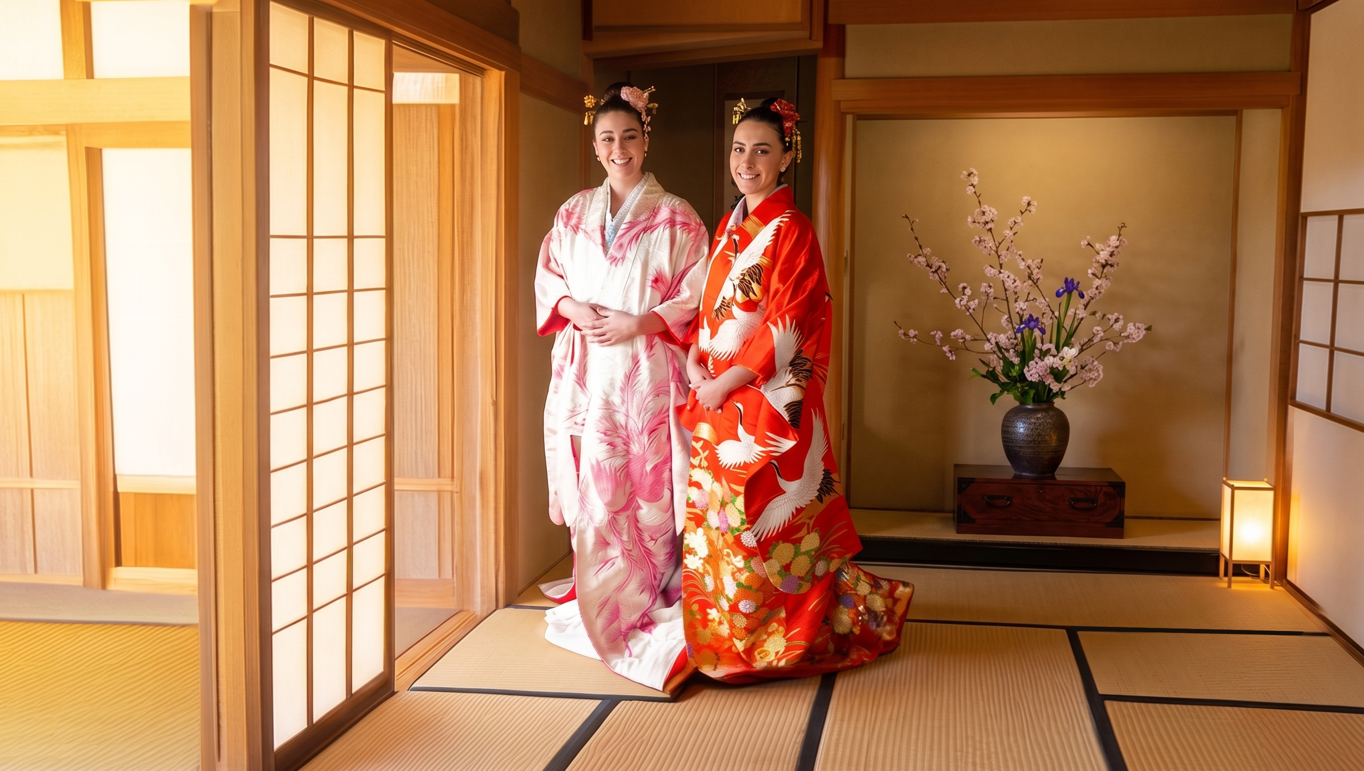 A couple in matching kimonos in a traditional house